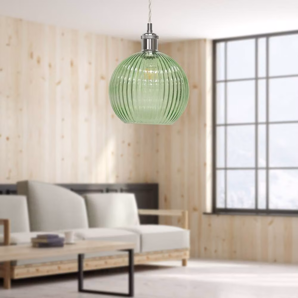 First Choice Lighting Betchley Set of 2 Retro Pendant Lights with Green Ribbed Glass and Chrome Finish – 2