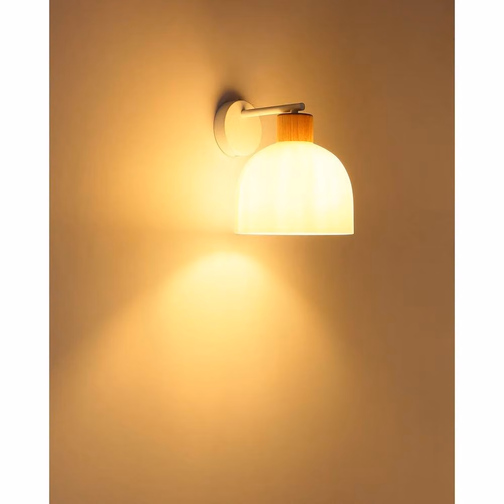 Globo Lighting White Matt Metal and Brown Wood Wall Light with Opal Glass Dome Shade, H 24.0 cm x W 20.0 cm x D 23.5 cm – 3