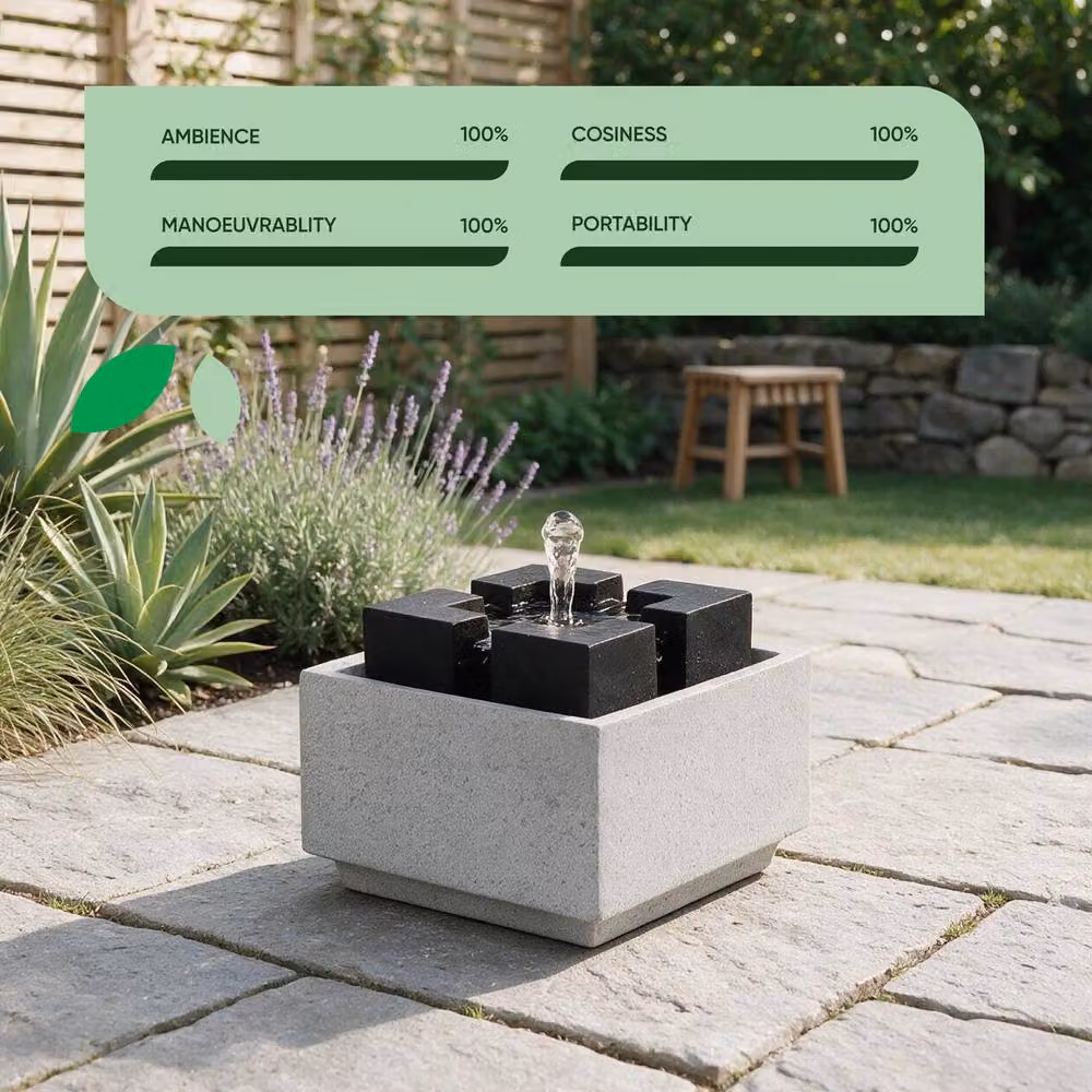 Gardenwize Solar Powered Square Tabletop Garden Water Fountain in Grey, W/D/H: 22 x 22 x 18 cm – 5