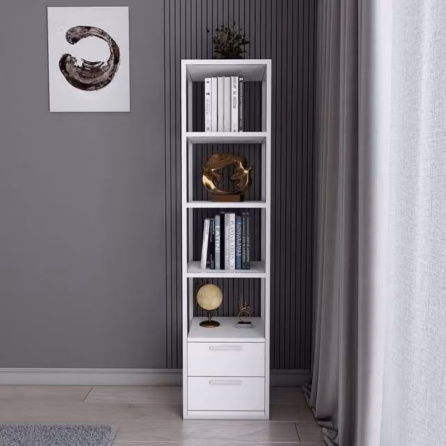 Decorotika Minimalist White MDF 4-Tier Bookshelf with Cabinets