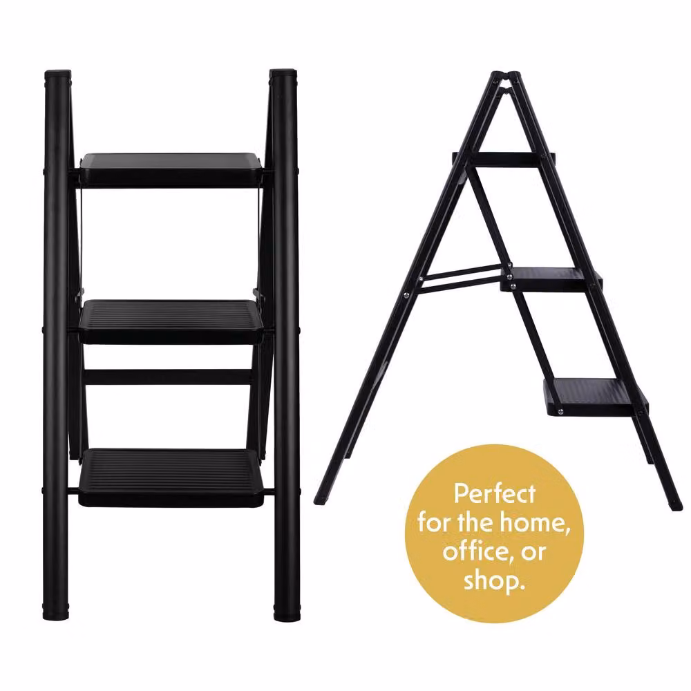 Futura 3 Step Ladder Compact Black Heavy-Duty Steel Folding Step Stool – 9
