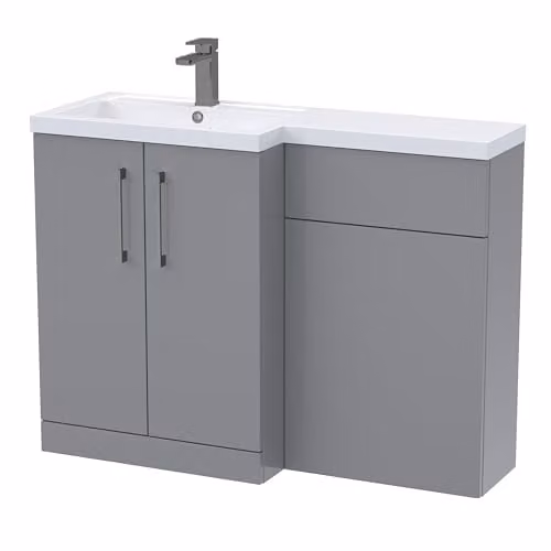 Balterley Grey L-Shaped Vanity Unit with WC Unit and Brushed Pewter D Shape Handles, Floor Standing Left Hand Bathroom Storage Set