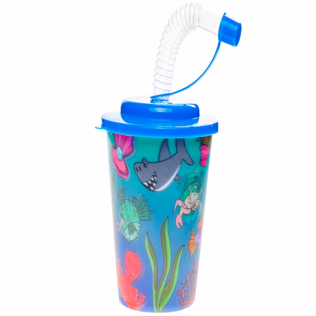 Pack of 12 Multicolour Sea Animal 3D Childrens Mugs with Lids and Straws, 250 ml