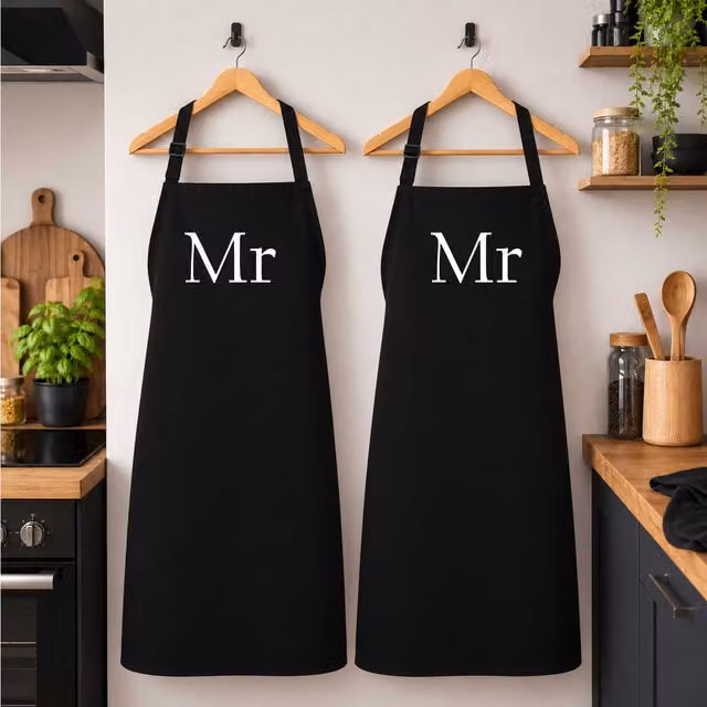 60 SECOND MAKEOVER Men's MR & MR Black Apron Set for Adults
