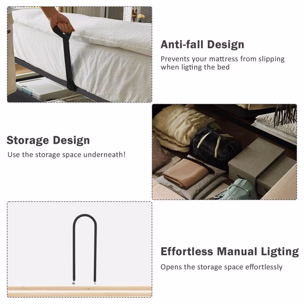 Rolipo Beige Linen Double Ottoman Storage Bed with LED Lighting and USB Charging Port, W/D/H: 140 x 200 x 135 cm – 5