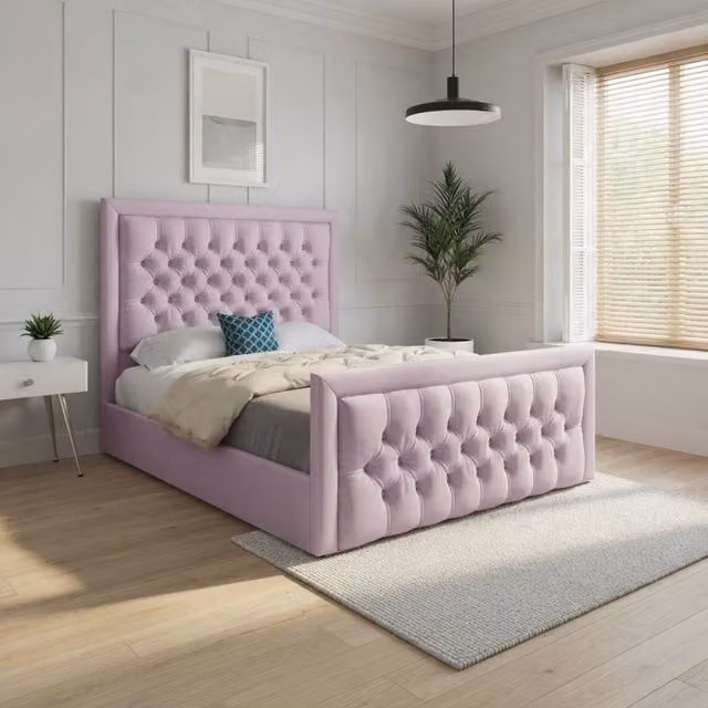 KDMD Sway Upholstered Pink Velvet Designer Bed Frame, W/D/H: 200 x 137 x 189 cm