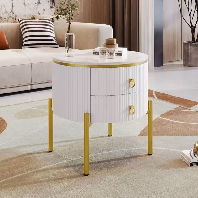 STILVORA Modern White and Gold Side Table with 2 Drawers and Adjustable Legs – 1