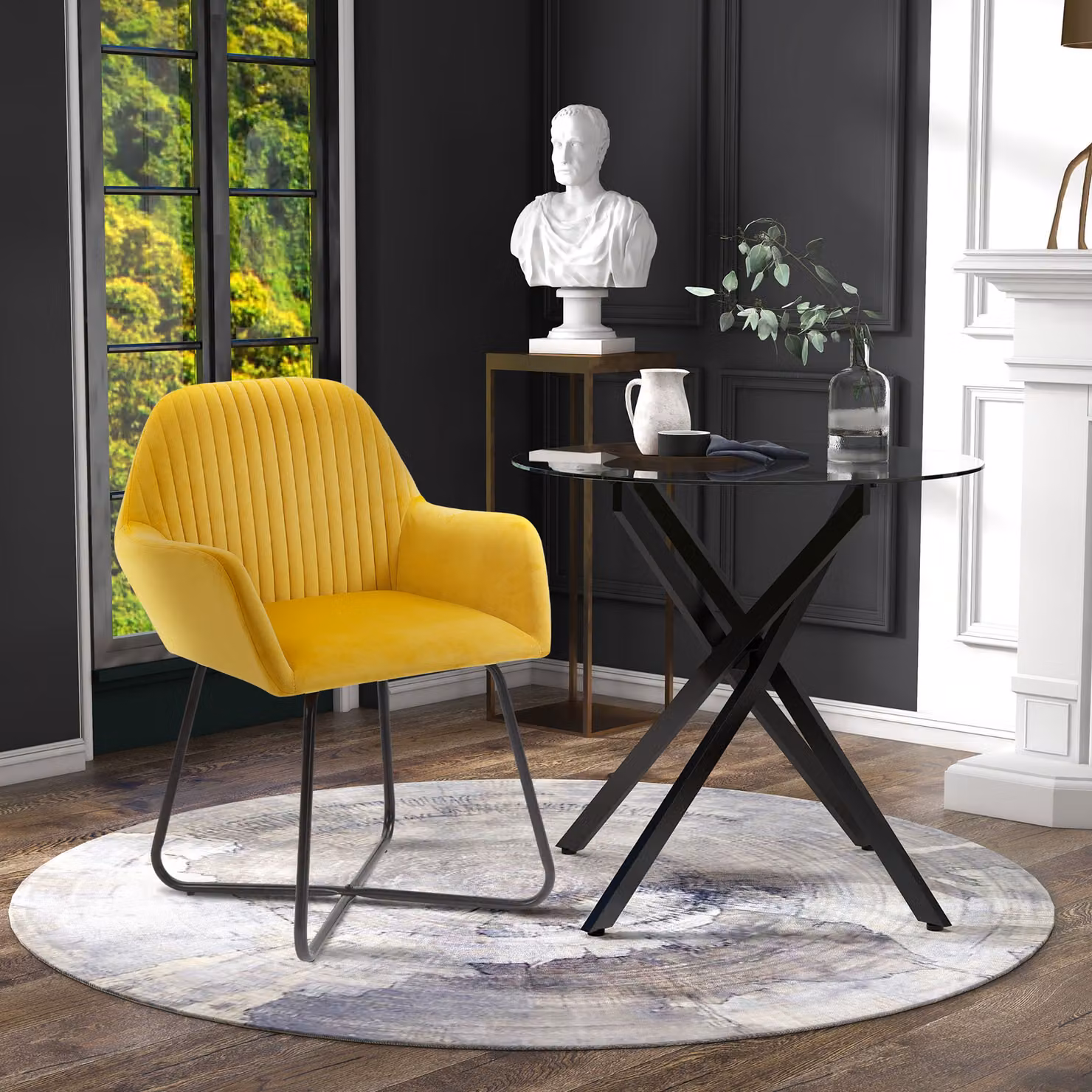 HOMCOM Modern Dining Set with Round Glass Table and 2 Accent Armchairs in Black and Yellow – 2