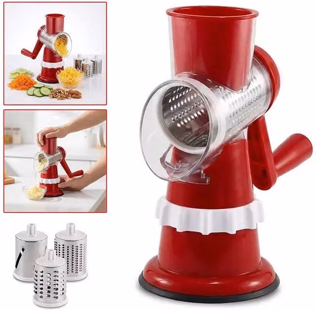 VOGREX Red 3-in-1 Stainless Steel Rotary Grater, Slicer and Shredder Chopper with Multiple Blades and Non-Slip Base