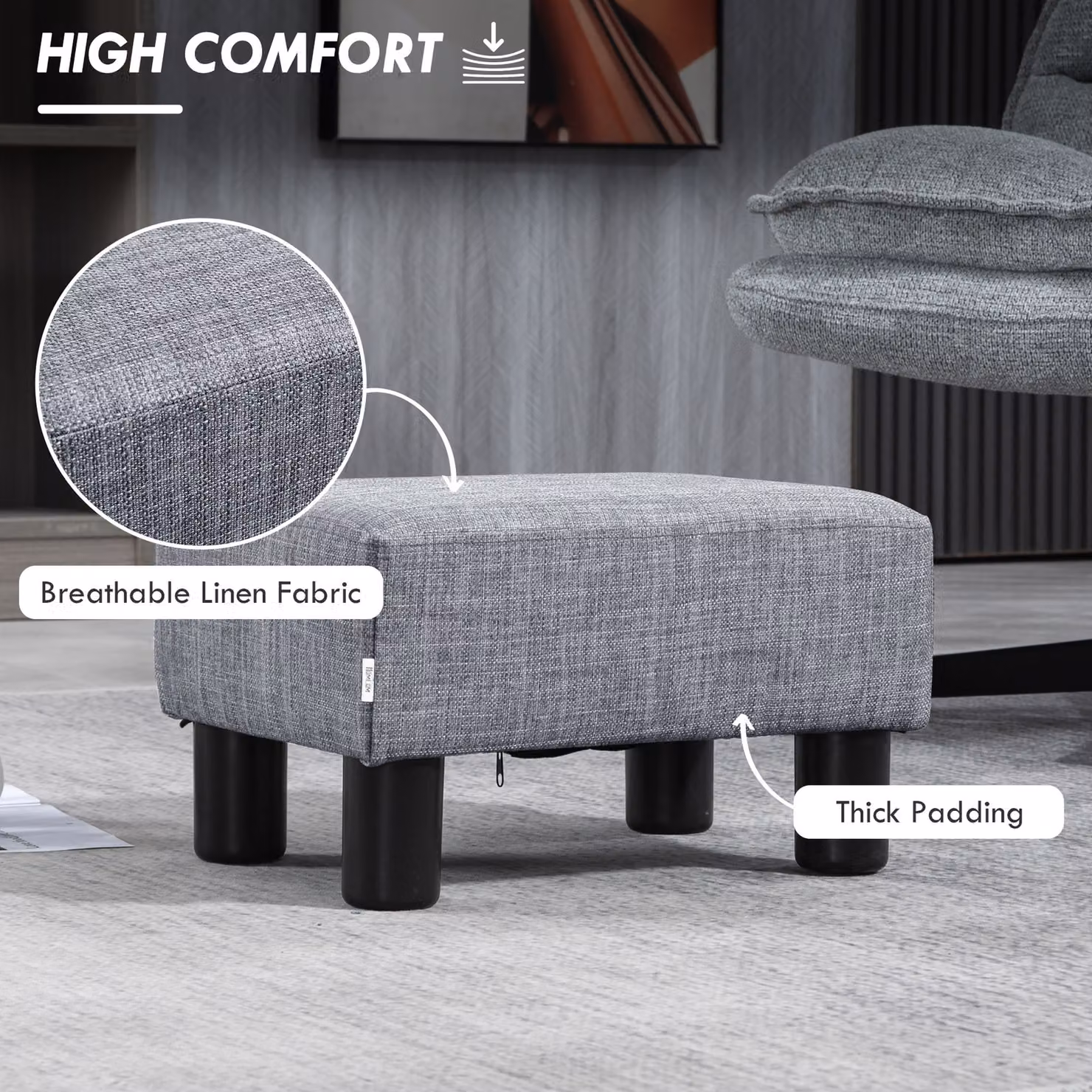 HOMCOM Grey Linen Fabric Cube Footstool Ottoman with 4 Plastic Legs – 4