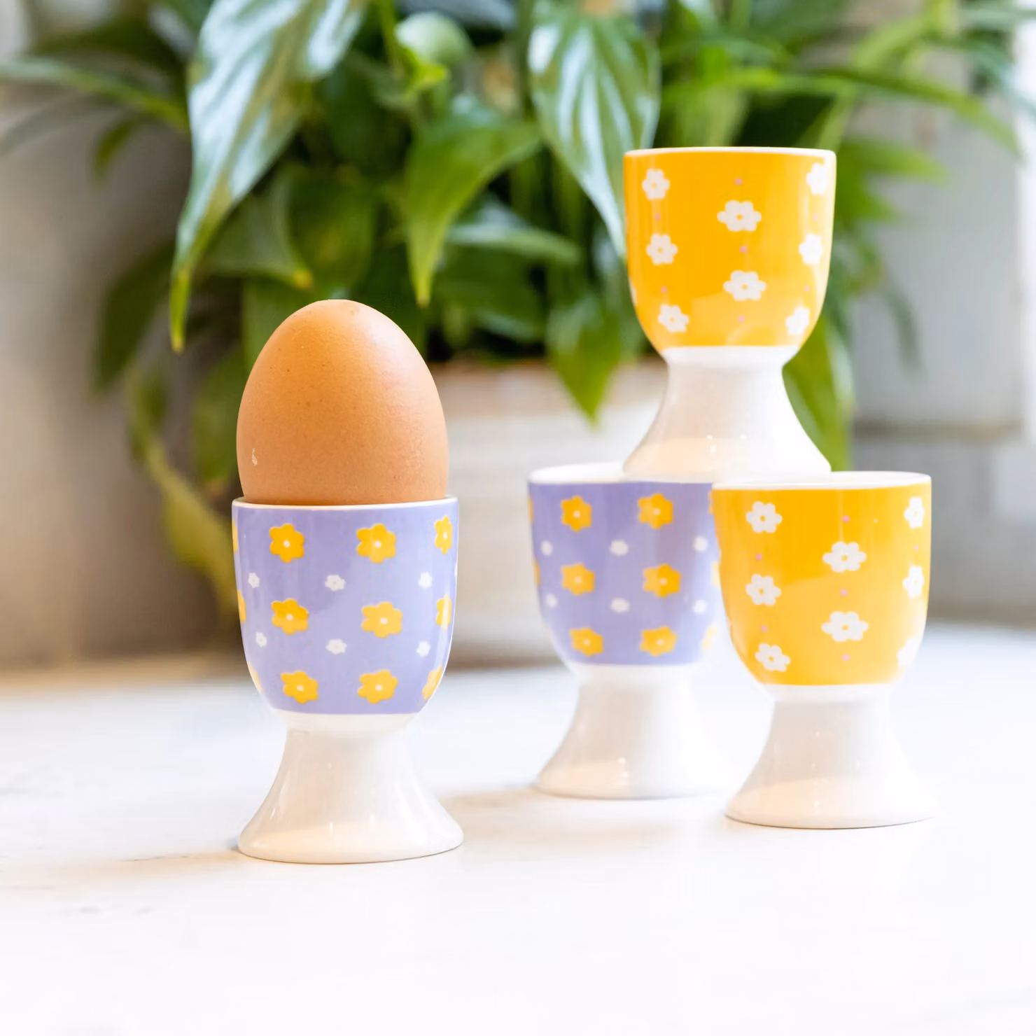 KitchenCraft Floral Ceramic Egg Cup Set of 4 in Yellow, Blue and Orange – 4