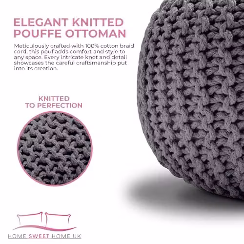 Home Sweet Home UK Handmade Large Chunky Knitted Round Pouffe Ottoman in Grey 100% Cotton – 6