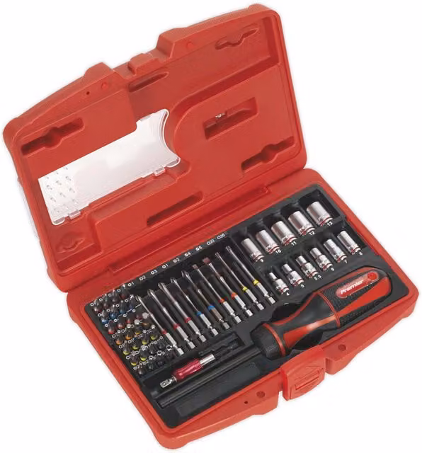 Loops 51 Piece 1/4 Inch Fine Tooth Ratchet Screwdriver Socket and Bit Set in Red Chrome Molybdenum Steel
