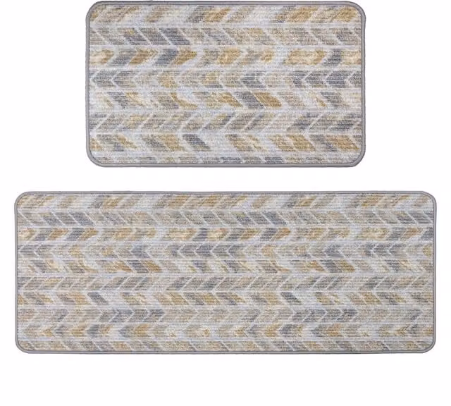 JVL Fiora Machine Washable Door Mat and Runner Set in Grey Quartz Chevron Polyester
