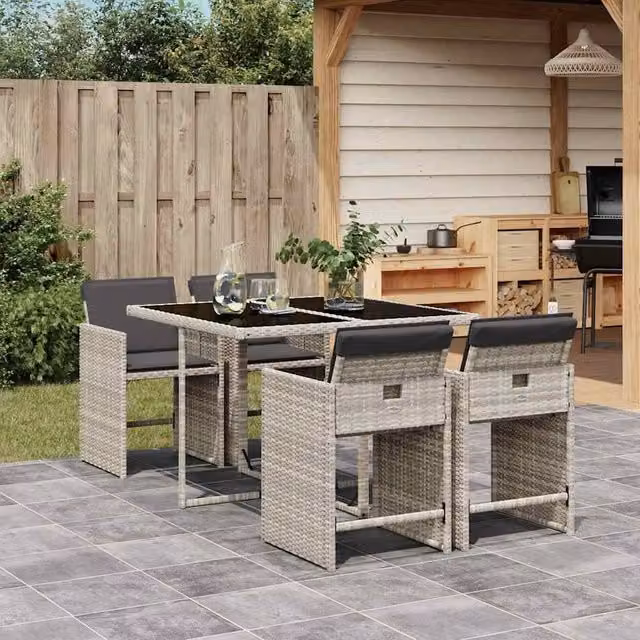 Berkfield Home 5 Piece Garden Dining Set with Light Grey Cushions and Poly Rattan Design
