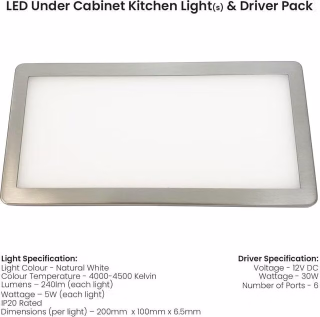 Loops 6x Ultra-Slim Rectangle Under Cabinet Kitchen LED Light and Driver Kit in Brushed Nickel Silver with Natural White Diffused Light