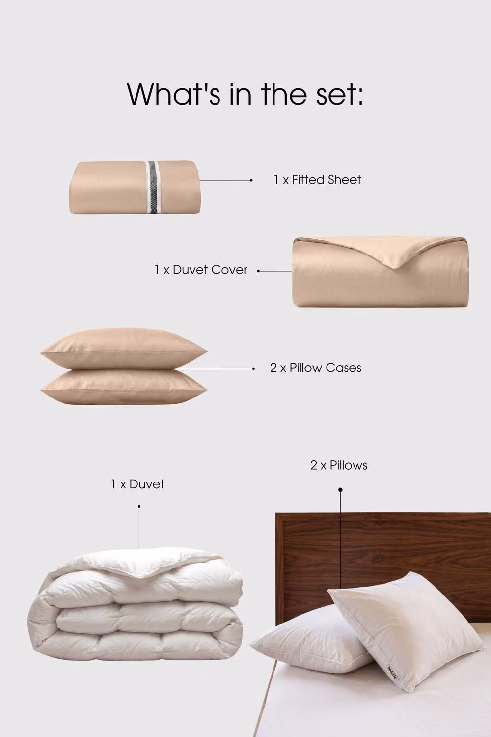 Bedable Sateen Bedding Bundle in Beige, King Size, including Duvet and 2 Pillows – 2