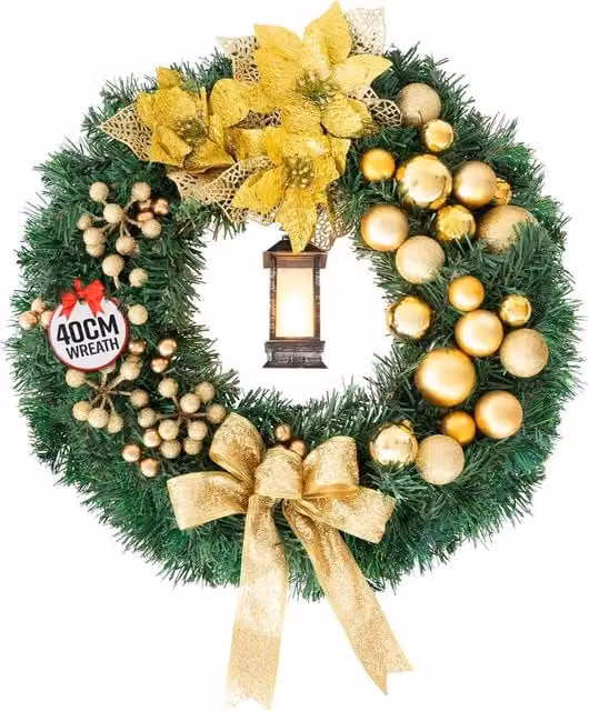 Globrite Yellow Christmas Wreath with Bows, Baubles and Lantern, Diameter: 40 cm – 1