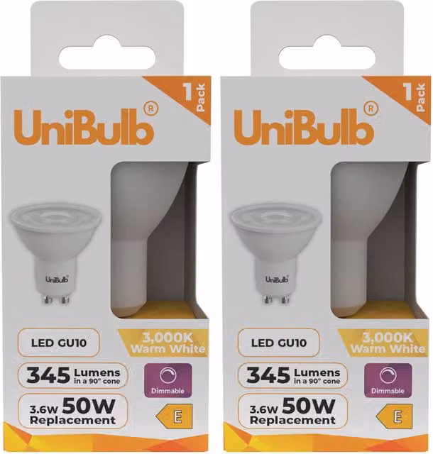 UniBulb LED GU10 Dimmable Spotlight Bulb, 3.6W (Replaces 50W), 3000K Warm White