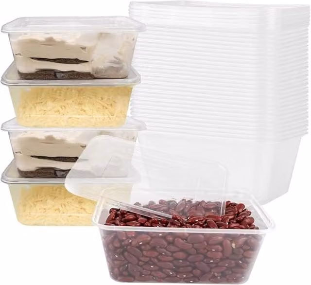 ECONX 100 Pack Transparent Plastic Food Storage Containers with Snap Lids, 1.25 l