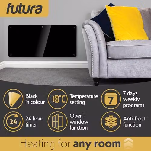 Futura 2000W Black Glass Electric Convector Panel Heater, Wall Mounted or Freestanding with Thermostat and Open Window Detection – 3