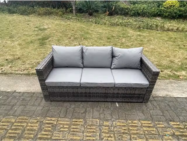 Fimous 3 Seater Rattan Lounge Sofa Set with Metal Frame and Grey Upholstered Removable Covers