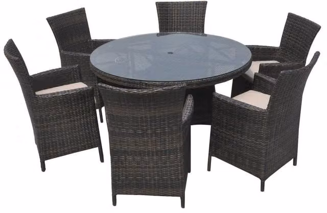 Furniture One 7 Piece Brown Rattan Dining Garden Set with Cushions including 1 Round Table and 6 Chairs