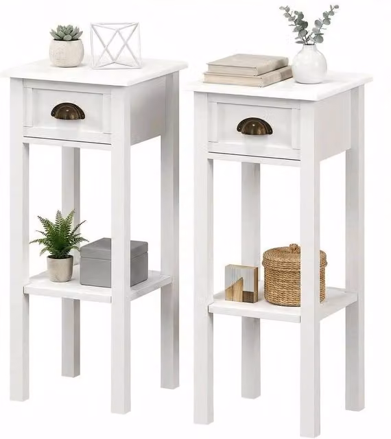 KORVIXA Set of 2 Modern 2-Tier Side Tables with Drawer and Shelf in White