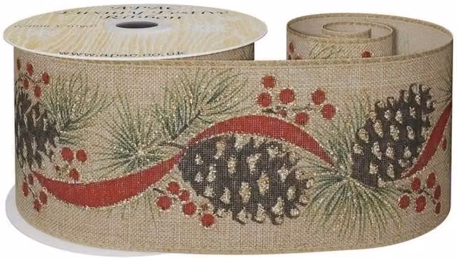 KDMD Natural Floral Ribbon in Beige with Cones, Width: 6.3 cm