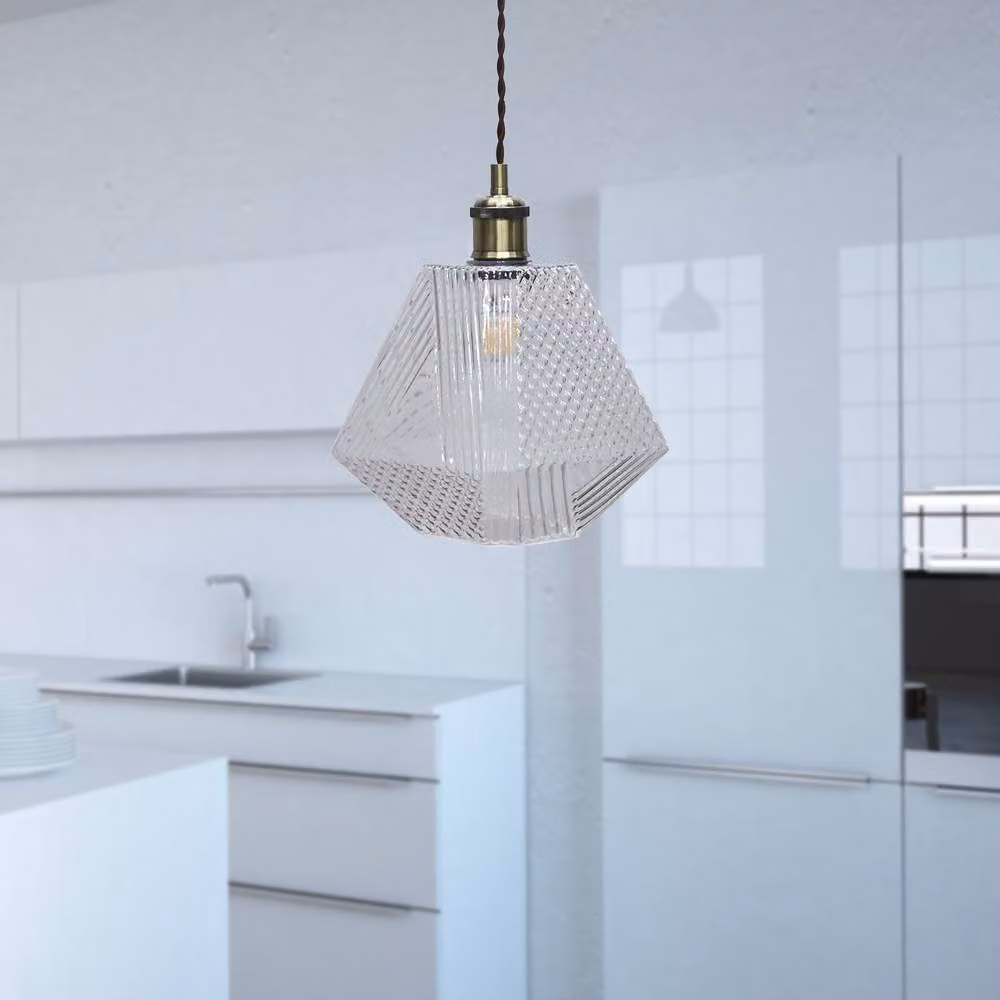 First Choice Lighting Lens Antique Brass and Bronze Pendant Light with Clear Textured Glass, Height Adjustable – 2