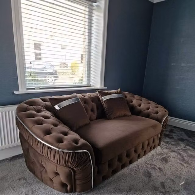 Stratus Interiors Ambassador Chesterfield 2 Seater Sofa in Brown Plush Velvet with Gold Trim