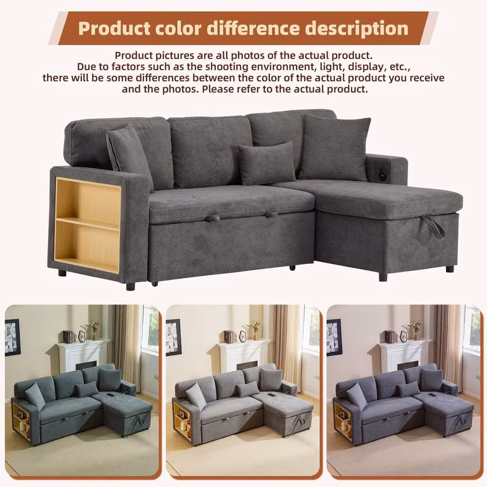 Rolipo Dark Grey 3 Seater L-Shape Corner Sofa Bed with Pull Out Drawer and Storage – 4