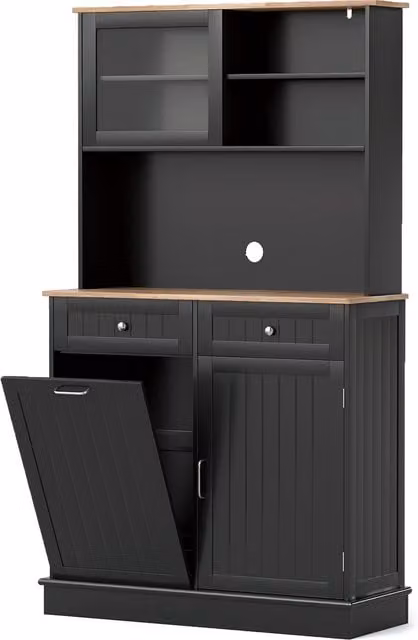 COSTWAY Black Double Tilt Out Trash Cabinet with Hutch and Internal Storage Shelves