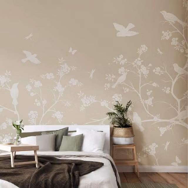 Origin Murals Blossom Trail Floral Wall Mural in Natural Stone, Beige and Grey, 350cm