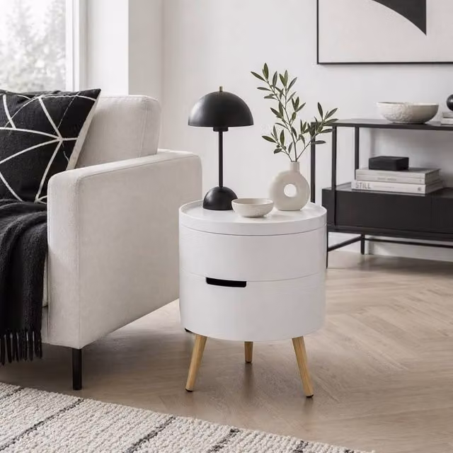 Wyld Haus Rivizi Round 3 Tier Side Table with Rotating Top and Hidden Storage, White, W/D/H: 38.0 x 38.0 x 48.3 cm – 1