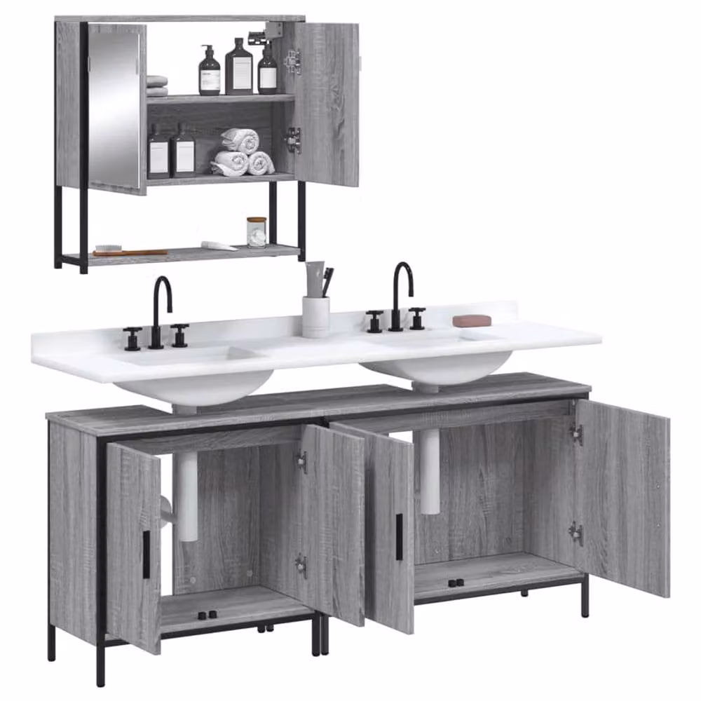 Berkfield Home 3 Piece Grey Bathroom Furniture Set with Vanity Unit and Mirror Cabinet – 2