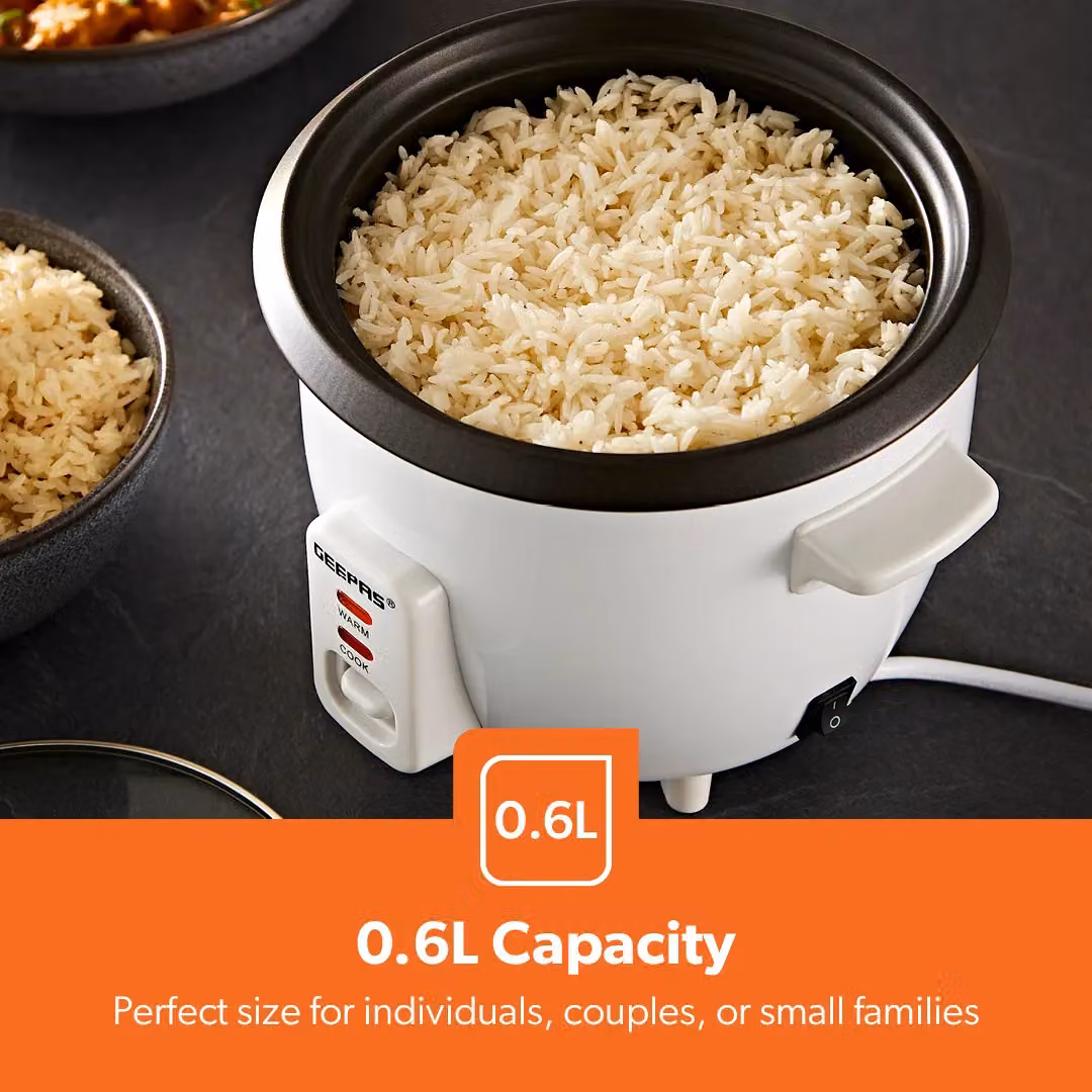 Geepas White Electric Automatic Rice Cooker with Non-Stick Pot and Keep Warm Function, 0.6 l – 3