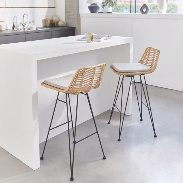 sweeek Pair of Rattan Bar Stools in Light Sand with Metal Frame and Removable Fabric Covers, Height: 67 cm