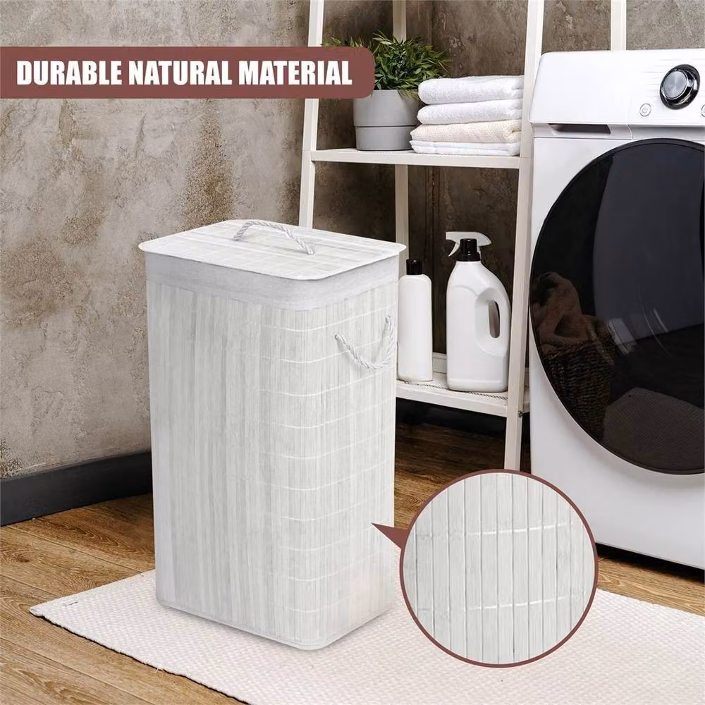 Nordara Rectangular Bamboo Laundry Basket with Lid, Handles and Removable Fabric Liner in White – 2