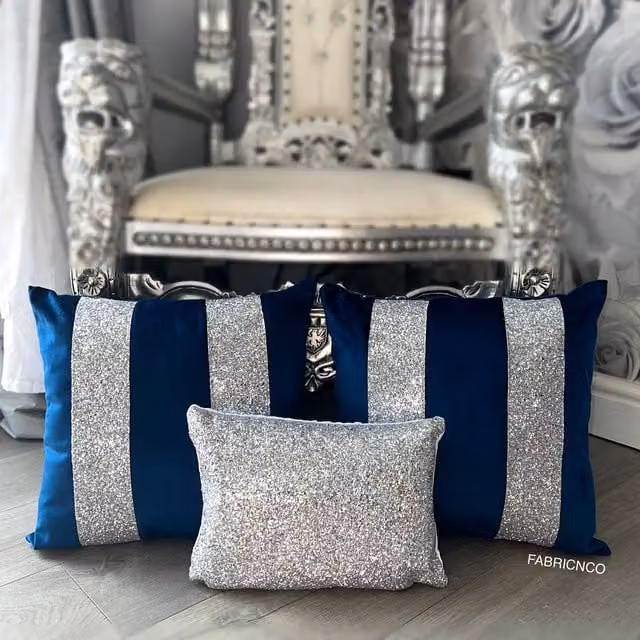 FABRICNCO Blue and Silver Striped Plush Velvet Glitter Cushion Cover Set
