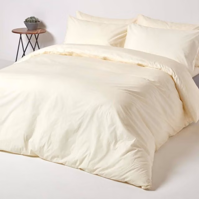 Homescapes Combed Cotton Percale Duvet Cover and Pillowcase Set in Beige, 90 x 200 cm