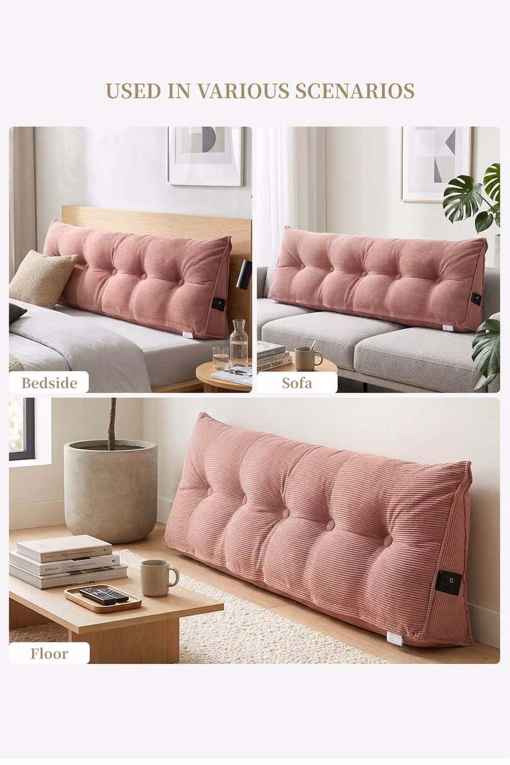 Living and Home Pink Corduroy Wedge Headboard Pillow with Removable Foam Cover, Medium – 3