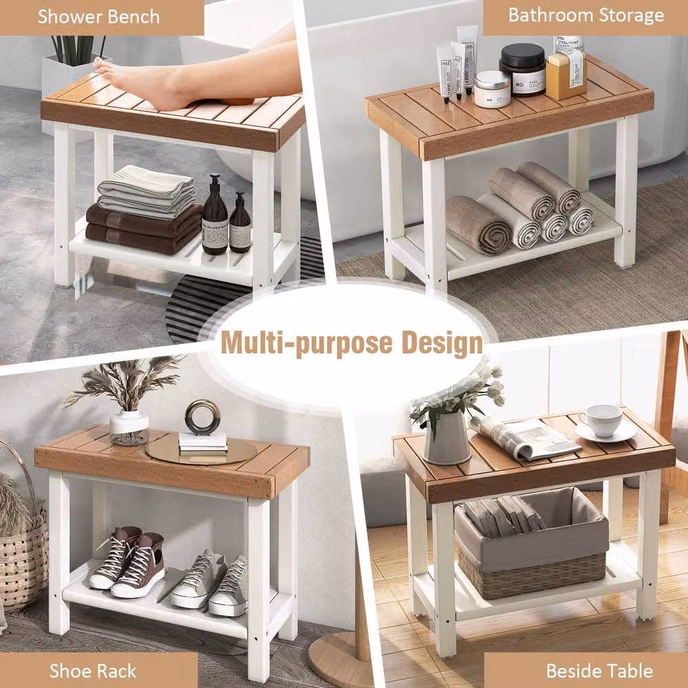 Gymax Brown Shower Bench and Spa Stool with Storage Shelf – 4