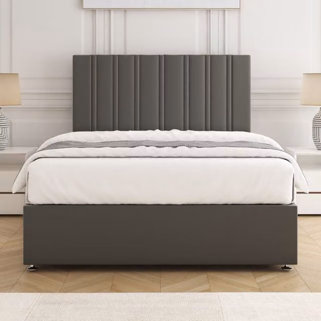 BSSPOKE Sienna Plush Velvet Divan Bed Set with 24 inch Headboard and Mattress in Grey, Double W/D/H: 140 x 200 cm – 1