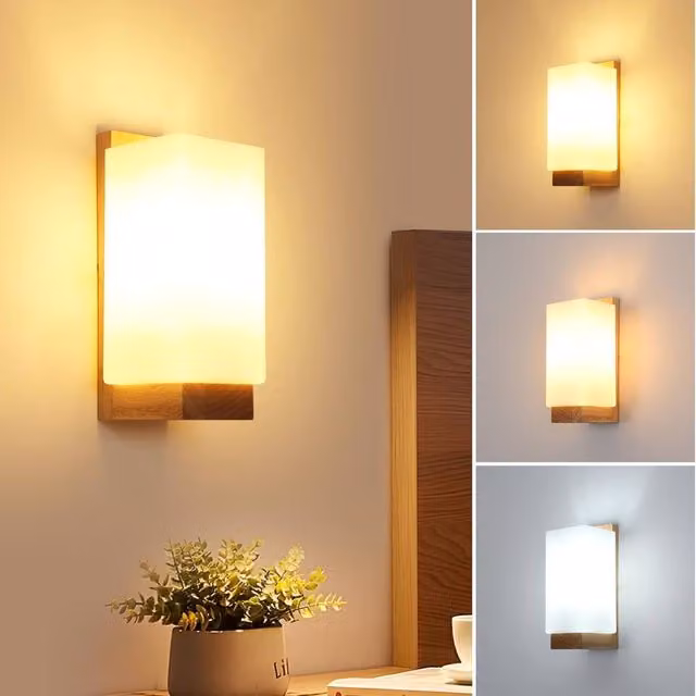 Goeco Vintage Wood Wall Light with White Glass Lampshade and LED Bulb – 1