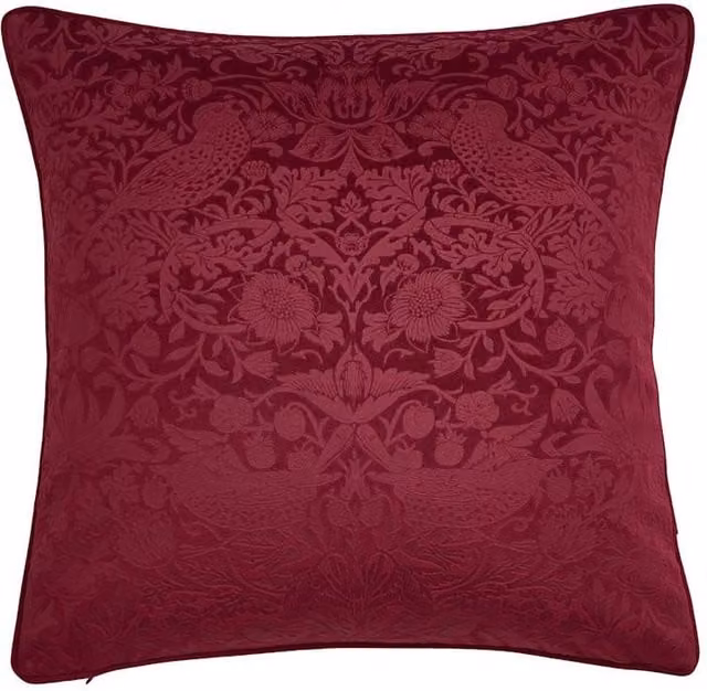 William Morris At Home Strawberry Thief Velvet Cushion in Pink and Red Floral Design