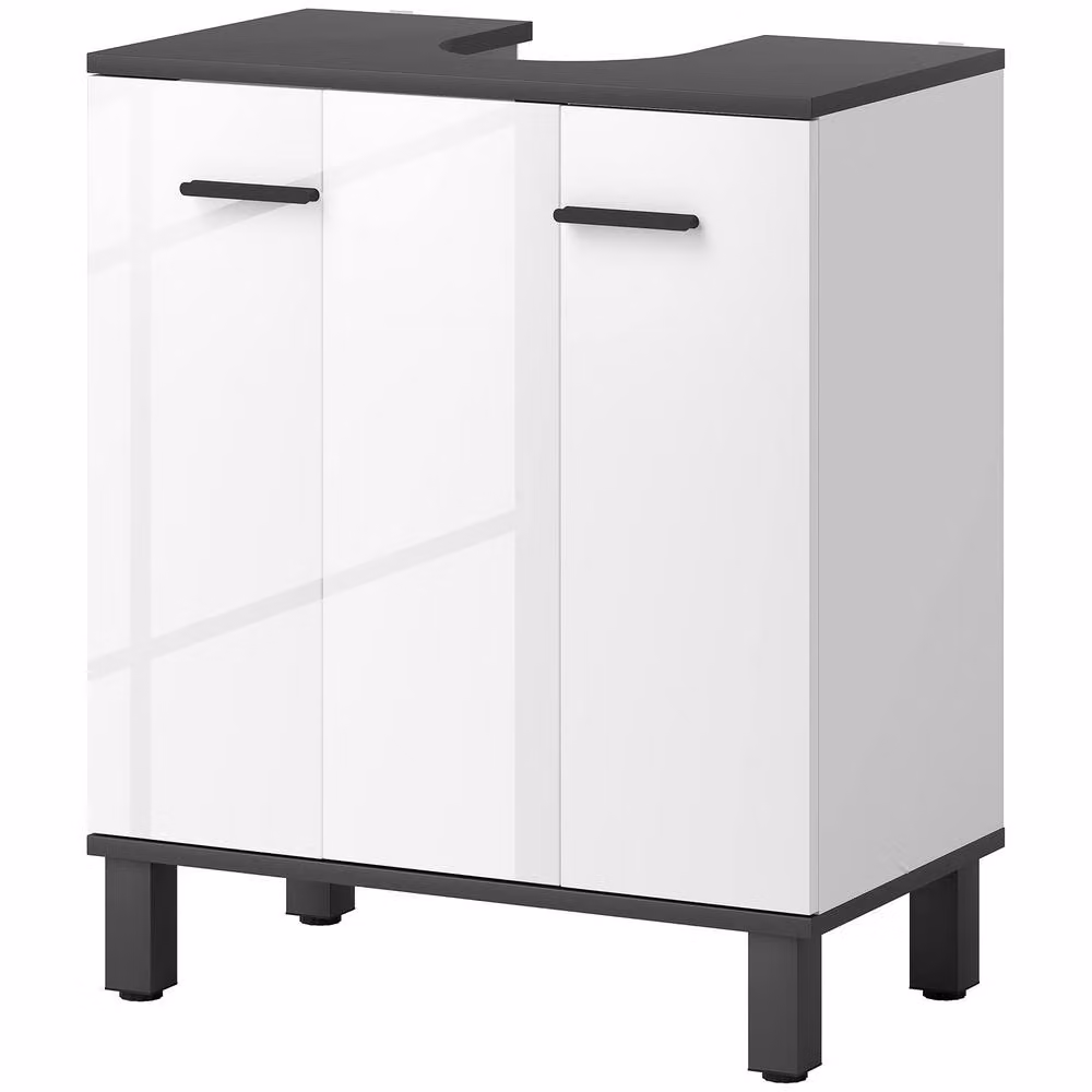 STILVORA Modern Glossy White Freestanding Under Sink Bathroom Cabinet with Internal Shelves and Hinged Doors – 3