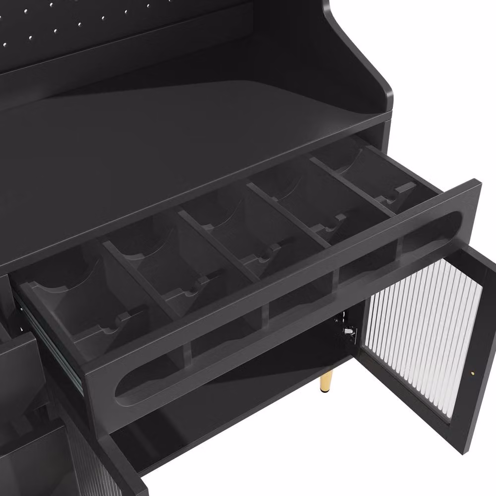 Rolipo Black Matt Highboard Storage Cabinet with Glass Sliding Doors, Integrated LED Lights and Wine Rack – 8
