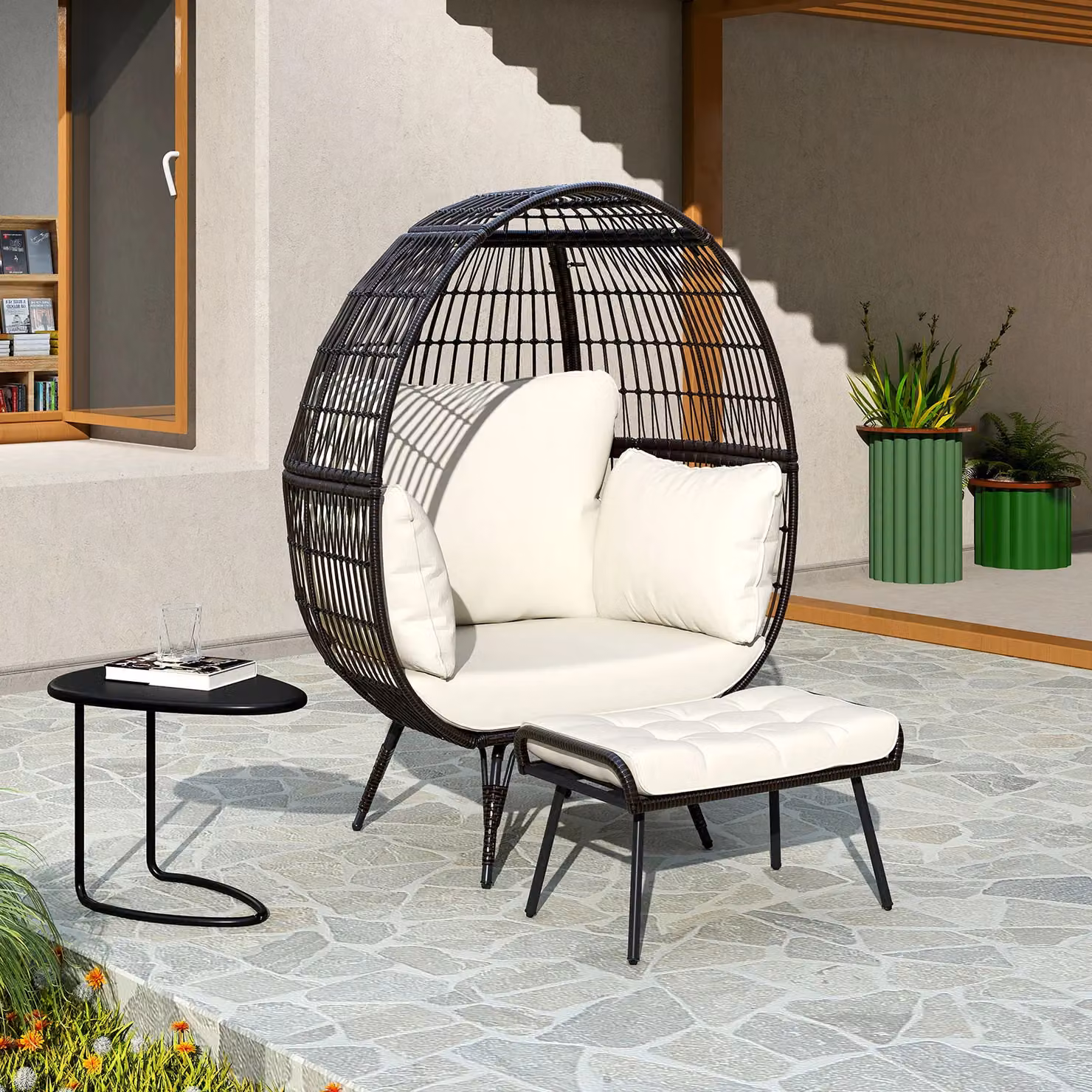 Gymax Oversized Egg Chair and Ottoman Set with Cushions in White – 7