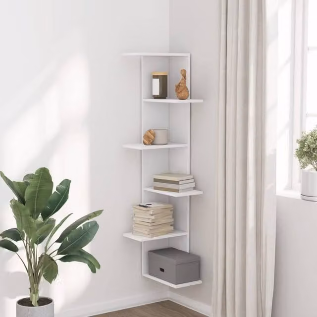 Berkfield Home White Wall Mounted Corner Shelf, W/D/H: 36.5 x 36.5 x 140 cm